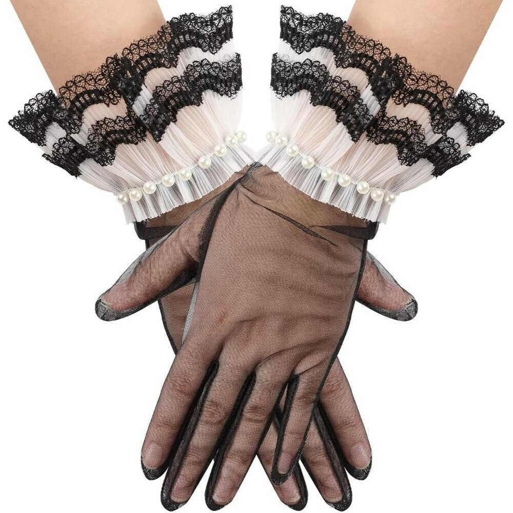 Women's Black 05 Floral Short Length Lace Tulle Mesh Wrist Wedding Party Gloves
